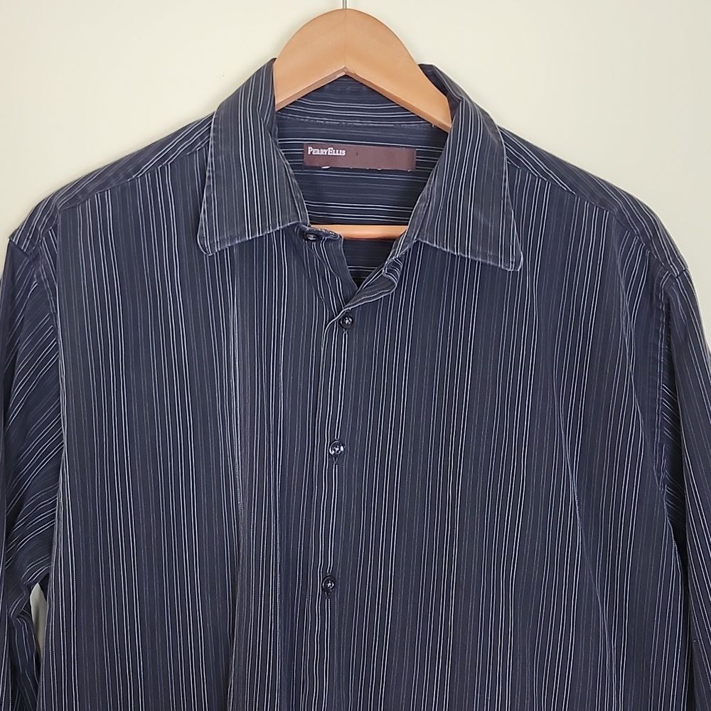 Perry Ellis Black and White Pinstripe Long Sleeve Office/Date Night Shirt